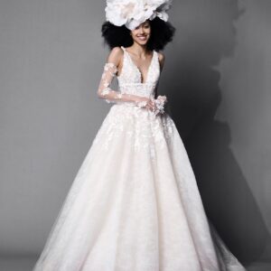 Vera Wang x Pronovias Alor Wedding dress - Ballgown style dress with a princess-cut, deep V-neckline, fitted bodice and 3D floral appliqués.