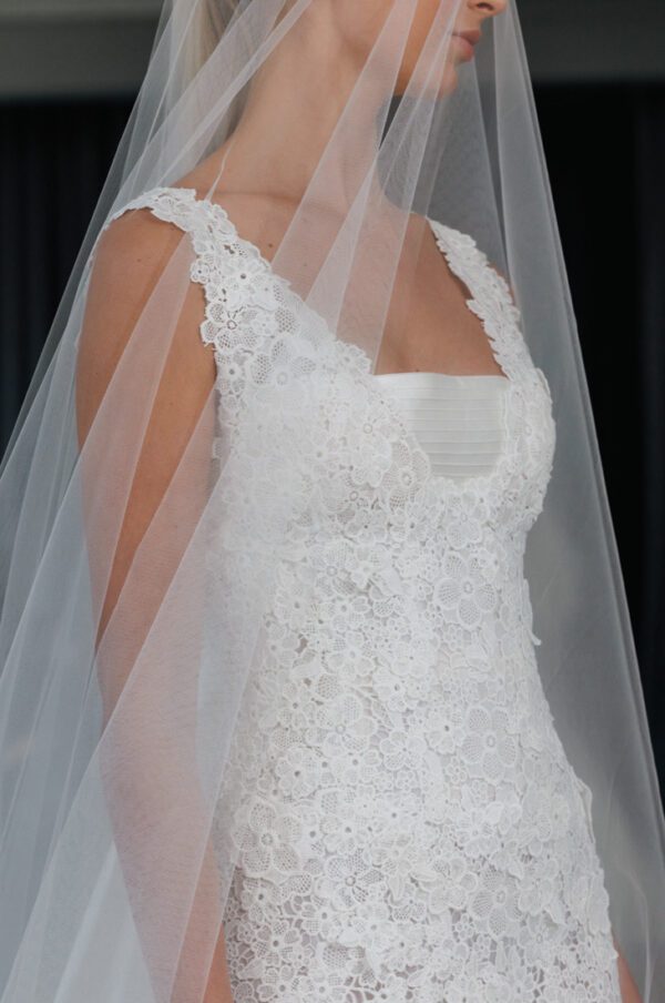  Peter Langner Emma Due Wedding Dress - Modified A Line with squared neckline, elegant floral guipure lace and silk satin details.