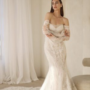 Martina Liana 1752 Wedding Dress - Fit and flare style dress with detachable off the shoulder long sleeves, strapless bodice and sweetheart neckline.