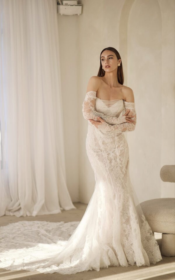 Martina Liana 1752 Wedding Dress - Fit and flare style dress with detachable off the shoulder long sleeves, strapless bodice and sweetheart neckline.