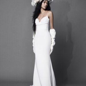 Vera Wang x Pronovias Hester Wedding dress - Crepe minimalist fit and flare gown with thin straps, a fitted waist and loose cowl draping down the back.