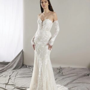 Pronovias Hart Wedding Dress -  Mermaid style dress with a sweetheart neckline, fitted bodice, allover lace, elegant train, and corset detail on the back. 