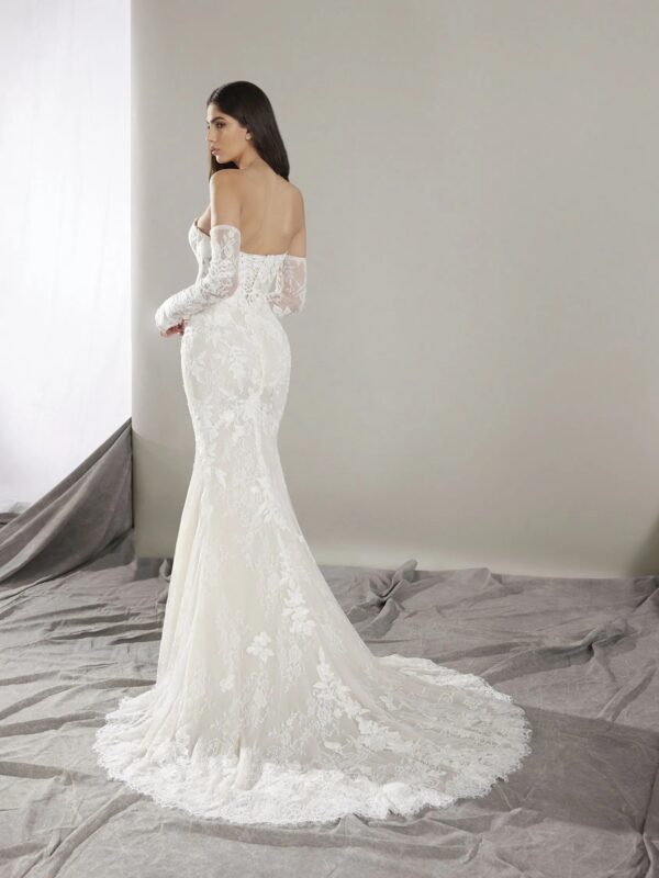 Pronovias Hart Wedding Dress -  Mermaid style dress with a sweetheart neckline, fitted bodice, allover lace, elegant train, and corset detail on the back. 