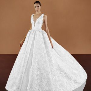 Pronovias Kareena Wedding dress - Ballgown style dress with a deep v-neckline, low waist, floral details all over, open back and train.