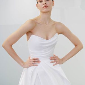 Mariana Hardwick Chantelle Wedding Dress - A-Line style dress with sweetheart neckline, draped bodice, layered side slit on skirt, off the shoulder straps.