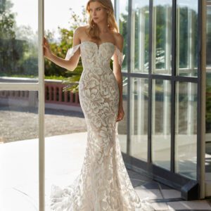 Rosa Clará Vasarely Wedding Dress - Sheath style dress in all lace with sweetheart neckline. Small plunge v neck detail, off the shoulder straps, exposed boning on back and train. 