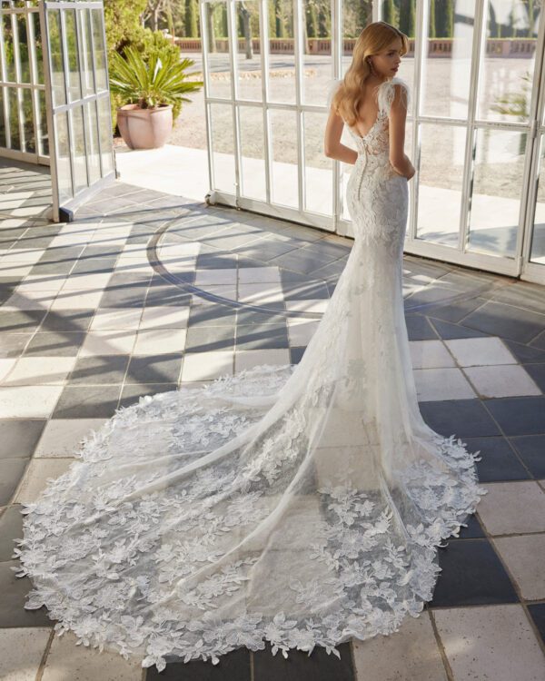 Rosa Clará Vaveri Wedding Dress - Fit and flare style dress with floral beaded lace, deep plunge v neckline, feather on shoulders detail and train. 