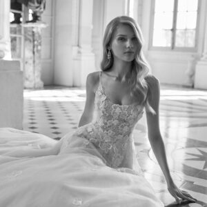 Rosa Clará Ersel Wedding Dress - Long A-line princess wedding dress, made in lace and beadwork with a tulle skirt. Featuring a round neckline, round keyhole back and straps. A Rosa Clará Dreams design.