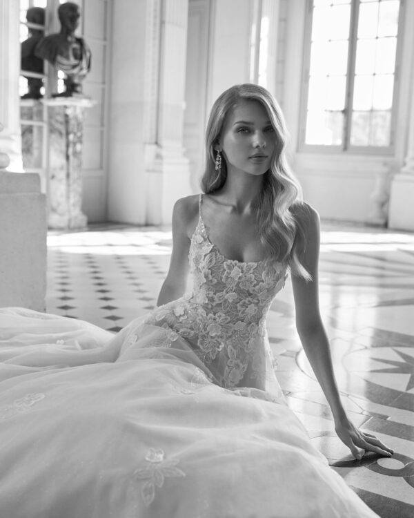 Rosa Clará Ersel Wedding Dress - Long A-line princess wedding dress, made in lace and beadwork with a tulle skirt. Featuring a round neckline, round keyhole back and straps. A Rosa Clará Dreams design.