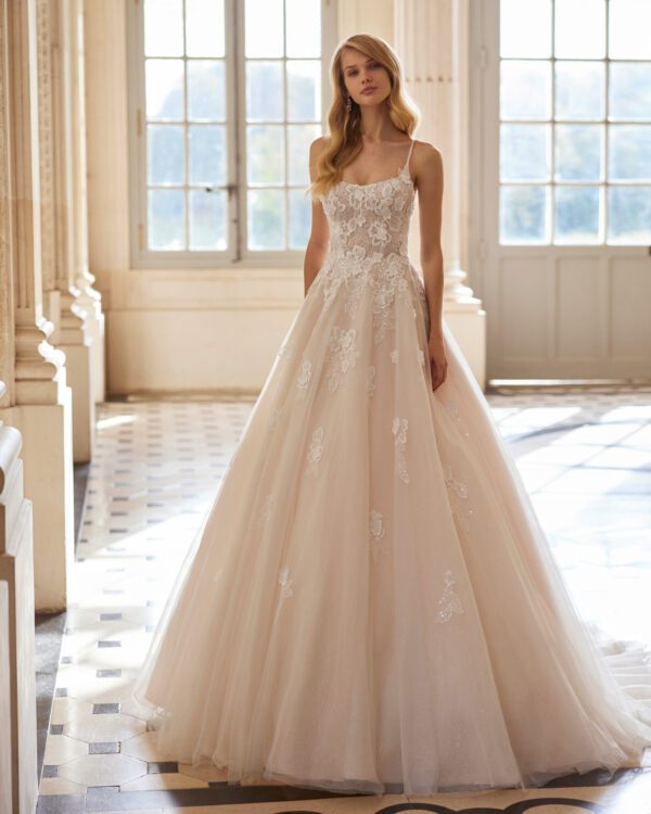 Rosa Clará Ersel Wedding Dress - Long A-line princess wedding dress, made in lace and beadwork with a tulle skirt. Featuring a round neckline, round keyhole back and straps. A Rosa Clará Dreams design.