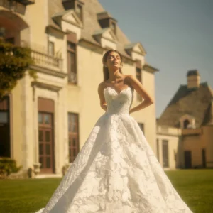 Enaura Florence Wedding Dress - Ballgown style dress with sweetheart neckline, organic hand-cut filigree detail. Botanical-inspired pattern.