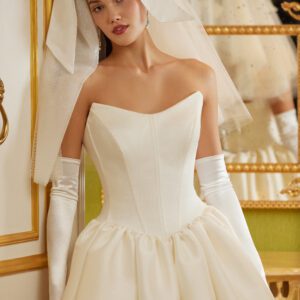 Sareh Nouri Park View Wedding Dress - Italian Mikado cat eye neckline basque waist pleated and gathered ballgown with signature bow accents on back bodice.