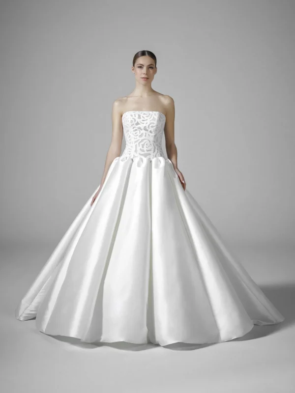 Pronovias Bourgeon Wedding Dress - Princess-cut Ballgown features a reinforced corset-style bodice with a strapless neckline and artistic rose motifs.