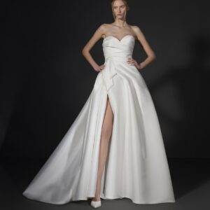 Vera Wang x Pronovias Downtown Wedding dress - A Line style dress with front slit, sweetheart neckline, asymmetrical draped bodice, and train.