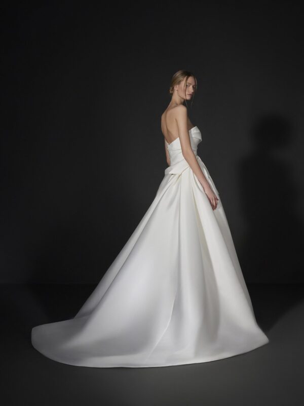 Vera Wang x Pronovias Downtown Wedding dress - A Line style dress with front slit, sweetheart neckline, asymmetrical draped bodice, and train.