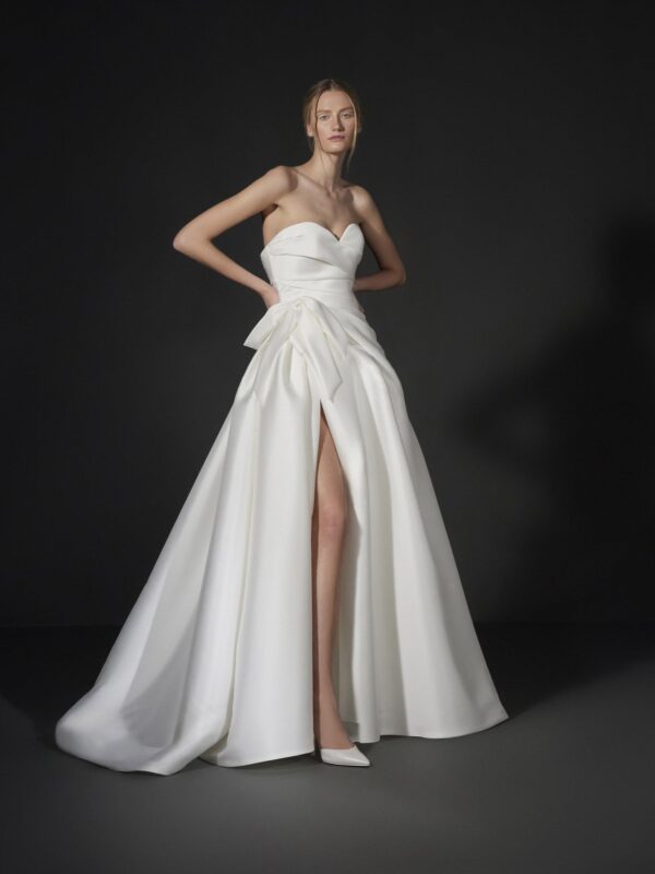 Vera Wang x Pronovias Downtown Wedding dress - A Line style dress with front slit, sweetheart neckline, asymmetrical draped bodice, and train.