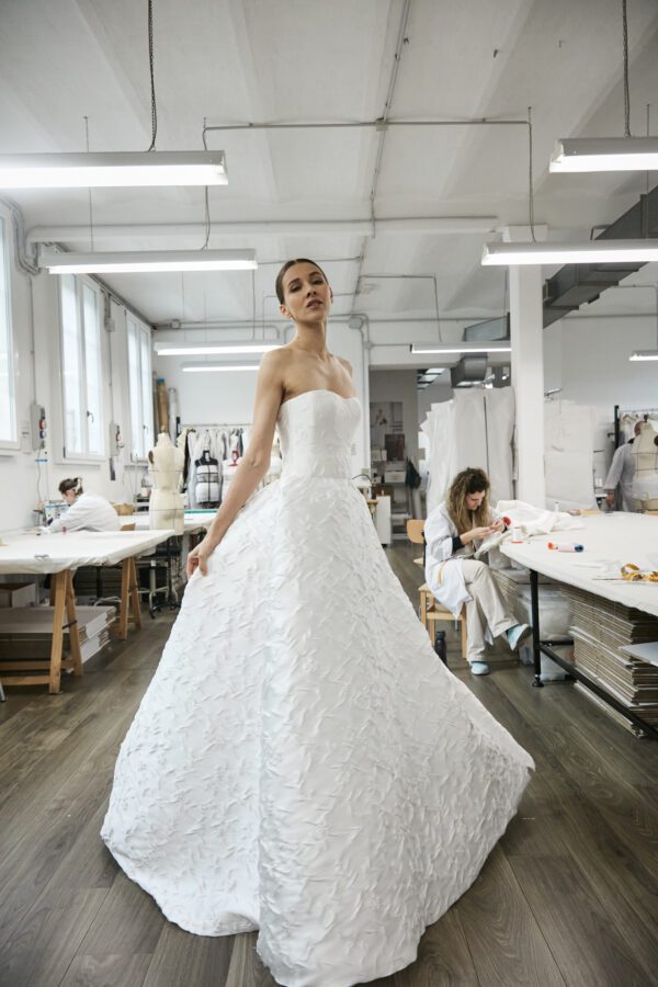 Peter Langner Camilla Wedding Dress - Stunning strapless Ball gown in silk jacquard with 3D Flowers, soft sweetheart neckline, and long train.