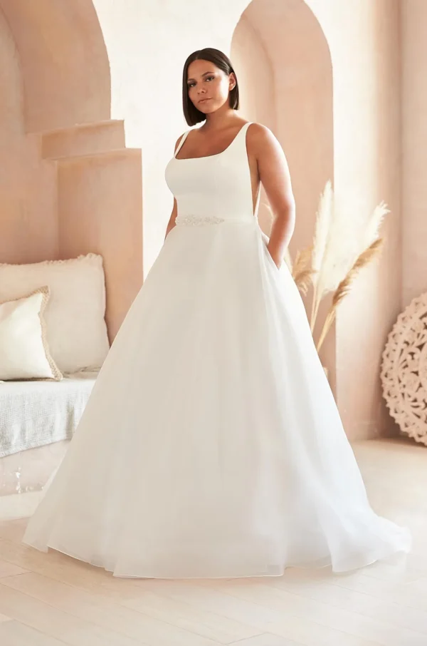 Paloma Blanca 2383 Wedding Dress - Crepe and Organza ballgown with square neckline, V-shaped side inserts, beading at waist and self-tied bow at back.