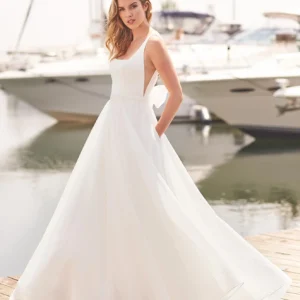 Paloma Blanca 2383 Wedding Dress - Crepe and Organza ballgown with square neckline, V-shaped side inserts, beading at waist and self-tied bow at back.