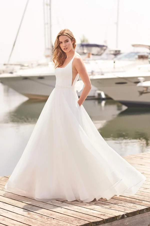 Paloma Blanca 2383 Wedding Dress - Crepe and Organza ballgown with square neckline, V-shaped side inserts, beading at waist and self-tied bow at back.