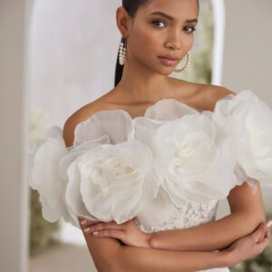 Rosa Clará Turin Wedding Dress - Two-piece A-line princess style wedding dress crafted in rebrodé lace. Featuring a square neckline, plunging back, straps and corset. Complete with a full skirt and detachable collar in organza.