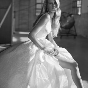 Rosa Clará Wira Wedding Dress - Youthful ballgown-style wedding dress made in fil coupé. A sleeveless design featuring a plunging neckline, square back and cut-out embellishment.