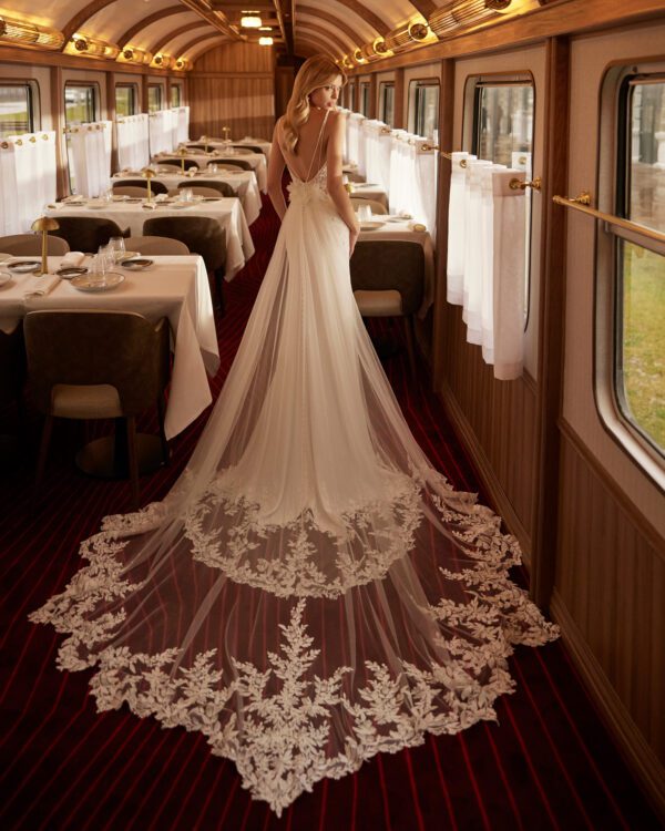 Rosa Clara Vanil Wedding Dress - Romantic two-piece long mermaid wedding dress, crafted in crêpe embellished with lace and beadwork. Featuring a square neckline, open back and a detachable train in tulle and lace.