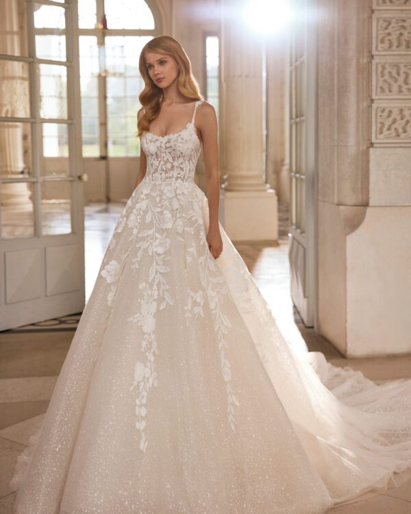 Rosa Clará Emerson Wedding Dress - Long A-line princess wedding dress. Featuring a lace and beadwork bodice and skirt in flocked tulle. A round neckline, buttoned back and straps complete the look.