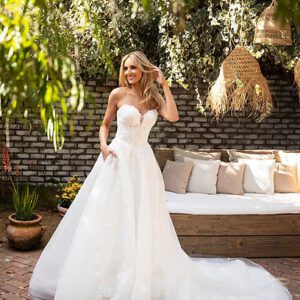 Estee Couture Lily Wedding Dress - Beaded floral lace A-line style dress with sweetheart neckline, v-waist, organza see-thru pockets and Cathedral train.