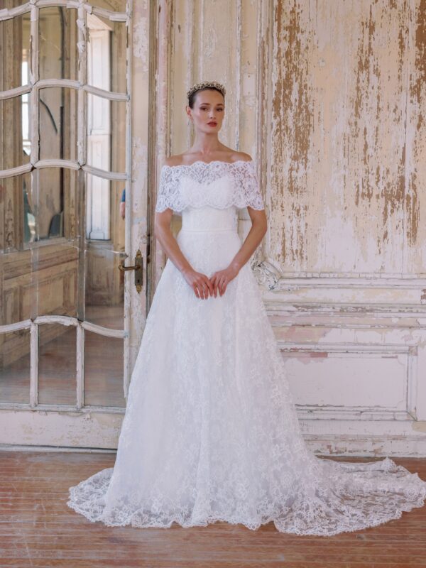Sareh Nouri Julietta Wedding Dress - French Alencon Lace modified sweetheart neckline A-line gown shown with matching capelet.