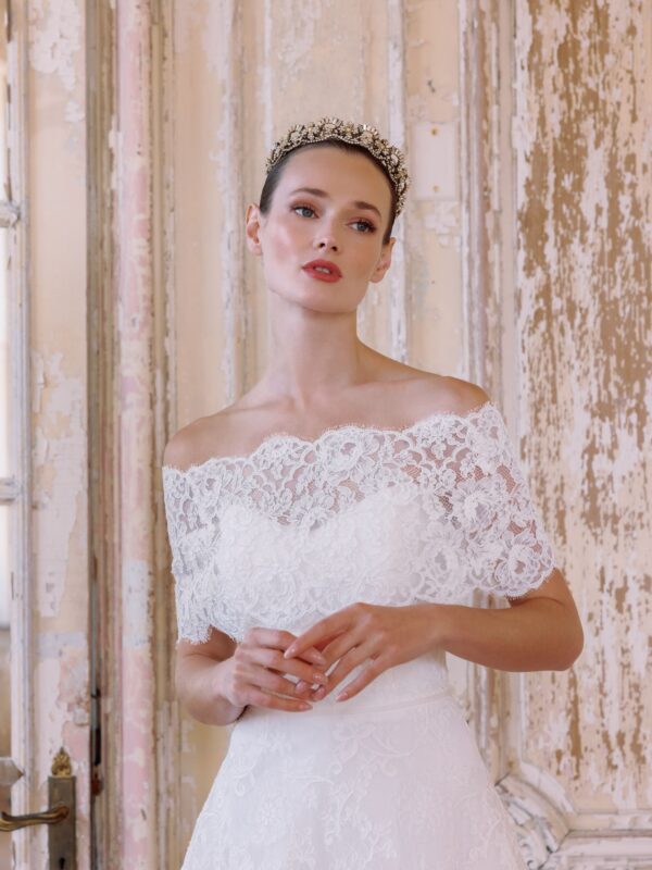 Sareh Nouri Julietta Wedding Dress - French Alencon Lace modified sweetheart neckline A-line gown shown with matching capelet.