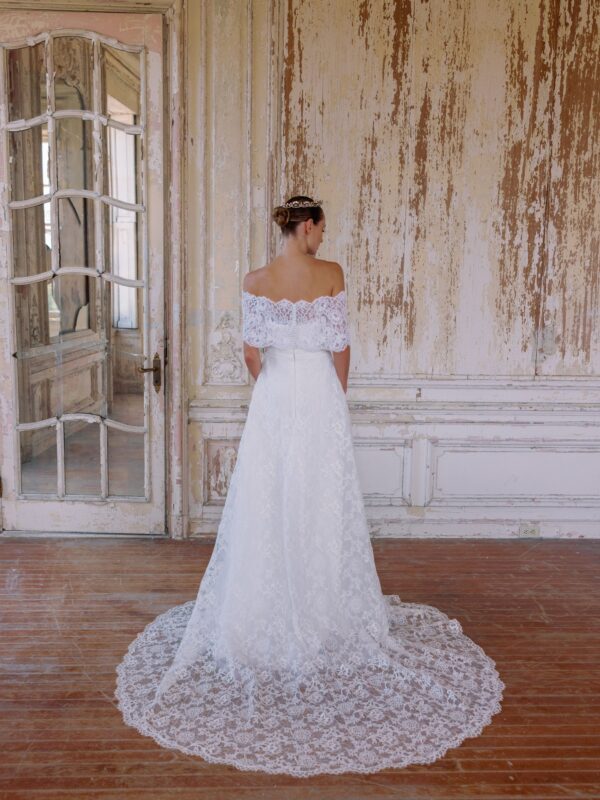 Sareh Nouri Julietta Wedding Dress - French Alencon Lace modified sweetheart neckline A-line gown shown with matching capelet.