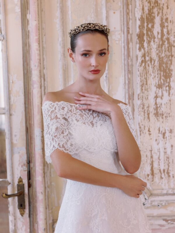Sareh Nouri Julietta Wedding Dress - French Alencon Lace modified sweetheart neckline A-line gown shown with matching capelet.