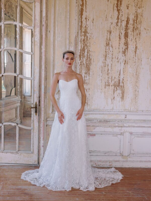 Sareh Nouri Julietta Wedding Dress - French Alencon Lace modified sweetheart neckline A-line gown shown with matching capelet.