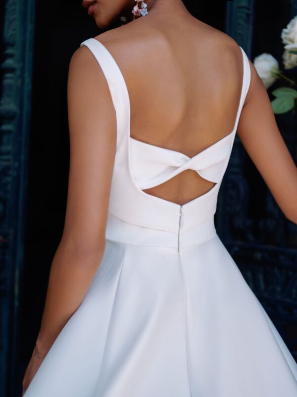 Sareh Nouri Philippa Wedding Dress - Italian Stretch Mikado scoop neck hand draped high slit ball gown with cathedral train and low back twist detail.