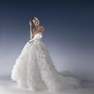 Peter Langner Ludovica Wedding Dress - Hand stitched couture dress, layered tulle skirt, long tail, fitted bodice with sweetheart neckline in silk sating.