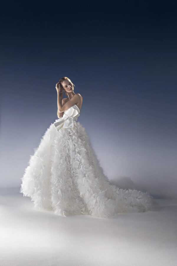 Peter Langner Ludovica Wedding Dress - Hand stitched couture dress, layered tulle skirt, long tail, fitted bodice with sweetheart neckline in silk sating.
