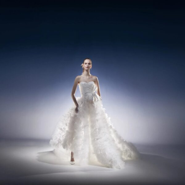 Peter Langner Ludovica Wedding Dress - Hand stitched couture dress, layered tulle skirt, long tail, fitted bodice with sweetheart neckline in silk sating.
