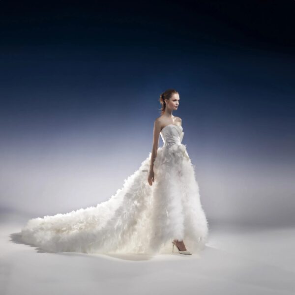 Peter Langner Ludovica Wedding Dress - Hand stitched couture dress, layered tulle skirt, long tail, fitted bodice with sweetheart neckline in silk sating.