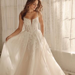 Martina Liana 1833 Wedding Dress - A-Line style with voluminous skirt, sweetheart neckline, spaghetti straps, corset bodice, floral lace and, tulle skirt.
