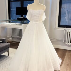 La Premiere Lia Wedding Dress - Beach Boho A-Line Bridal Gown with Basque Waist, Strapless Sweetheart Neckline, Off the Shoulder, Corset, Draping, Rouching Details in Tulle Fabric