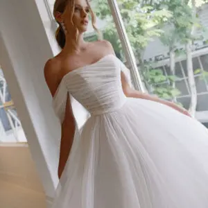 La Premiere Lia Wedding Dress - Strapless A-line dress featuring soft mesh pleats on the bodice, sweetheart neckline, flattering silhouette and romantic look