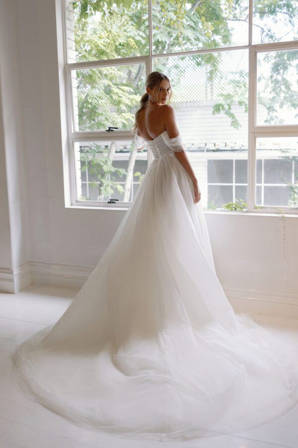 La Premiere Lia Wedding Dress - Strapless A-line dress featuring soft mesh pleats on the bodice, sweetheart neckline, flattering silhouette and romantic look