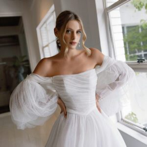 La Premiere Lia Wedding Dress - Strapless A-line dress featuring soft mesh pleats on the bodice, sweetheart neckline, flattering silhouette and romantic look