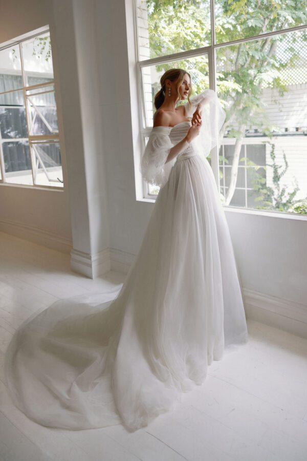 La Premiere Lia Wedding Dress - Strapless A-line dress featuring soft mesh pleats on the bodice, sweetheart neckline, flattering silhouette and romantic look