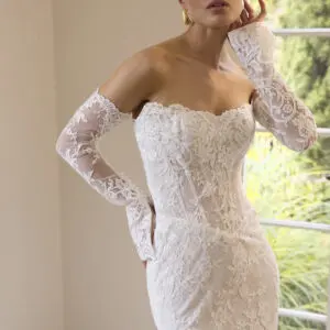 La Premiere Bobbi Wedding Dress - Fit and flare modern-classic dress with Basque waist, petal shaped neckline, detachable train and sleeves. 