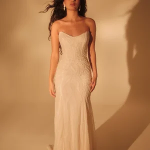 Enaura Seine Wedding Dress - Fit and flare style dress with a striking cat-eye deep sweetheart neckline, all-over beadwork and threadwork.