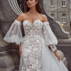 Calla Blanche 124121 Wedding Dress - Mermaid style dress with strapless sweetheart neckline with long sleeves, Overskirt and 3D Lace.