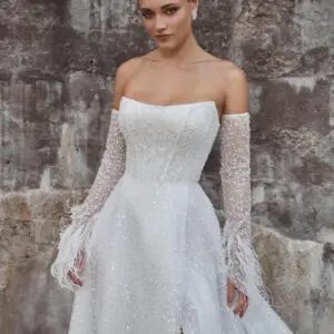 Calla Blanche 124122 Wedding Dress - A-Line style dress with sparkly details, strapless with pointy neckline, side slit and detachable long sleeves.
