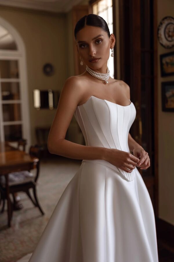 Tina Valerdi Florentina Wedding Dress - A-line style dress with semi-sweetheart neckline, corset bodice and pronounced silhouette